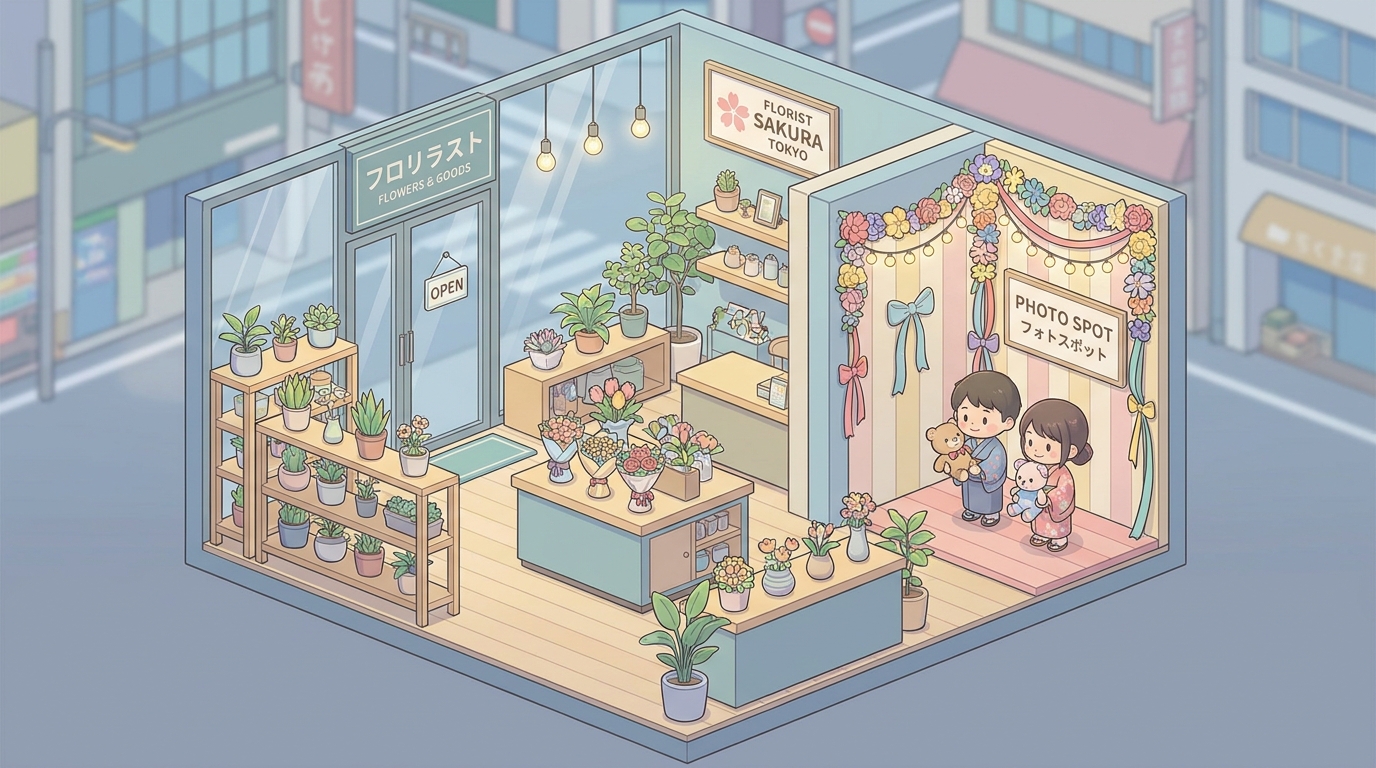 A stylish and cozy interior of a flower shop showroom in Tokyo, with a dedicated photo spot for character goods, decorat