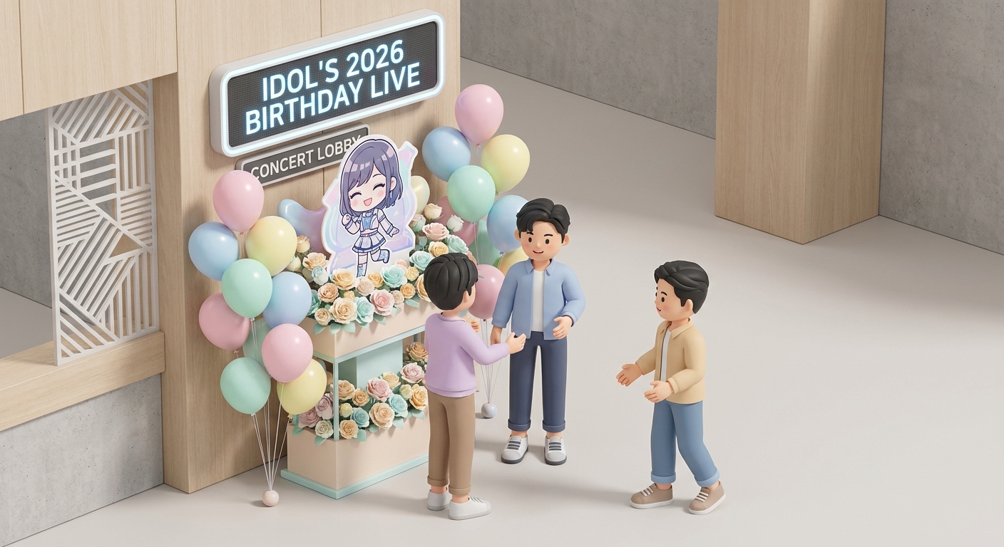 A stunning and colorful birthday flower stand (flasta) for an idol's birthday event, decorated with bright pastel balloo
