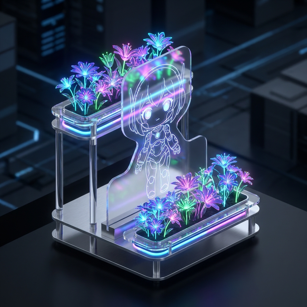 A close-up shot of a stunning, futuristic flower stand. It's a two-tiered arrangement with vibrant, neon-colored flowers