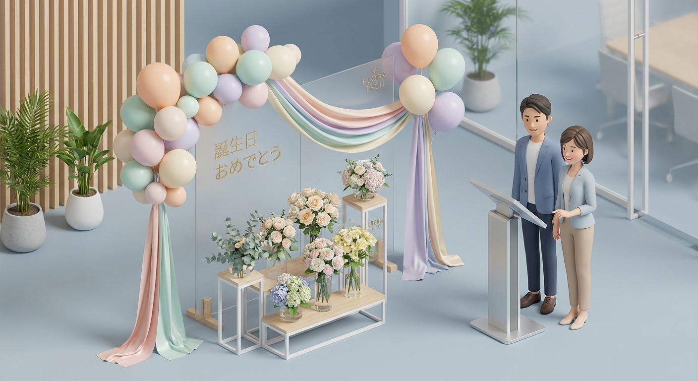 Beautiful pastel tone flower stand with balloon garland, elegant ribbons and custom acrylic board for birthday celebrati