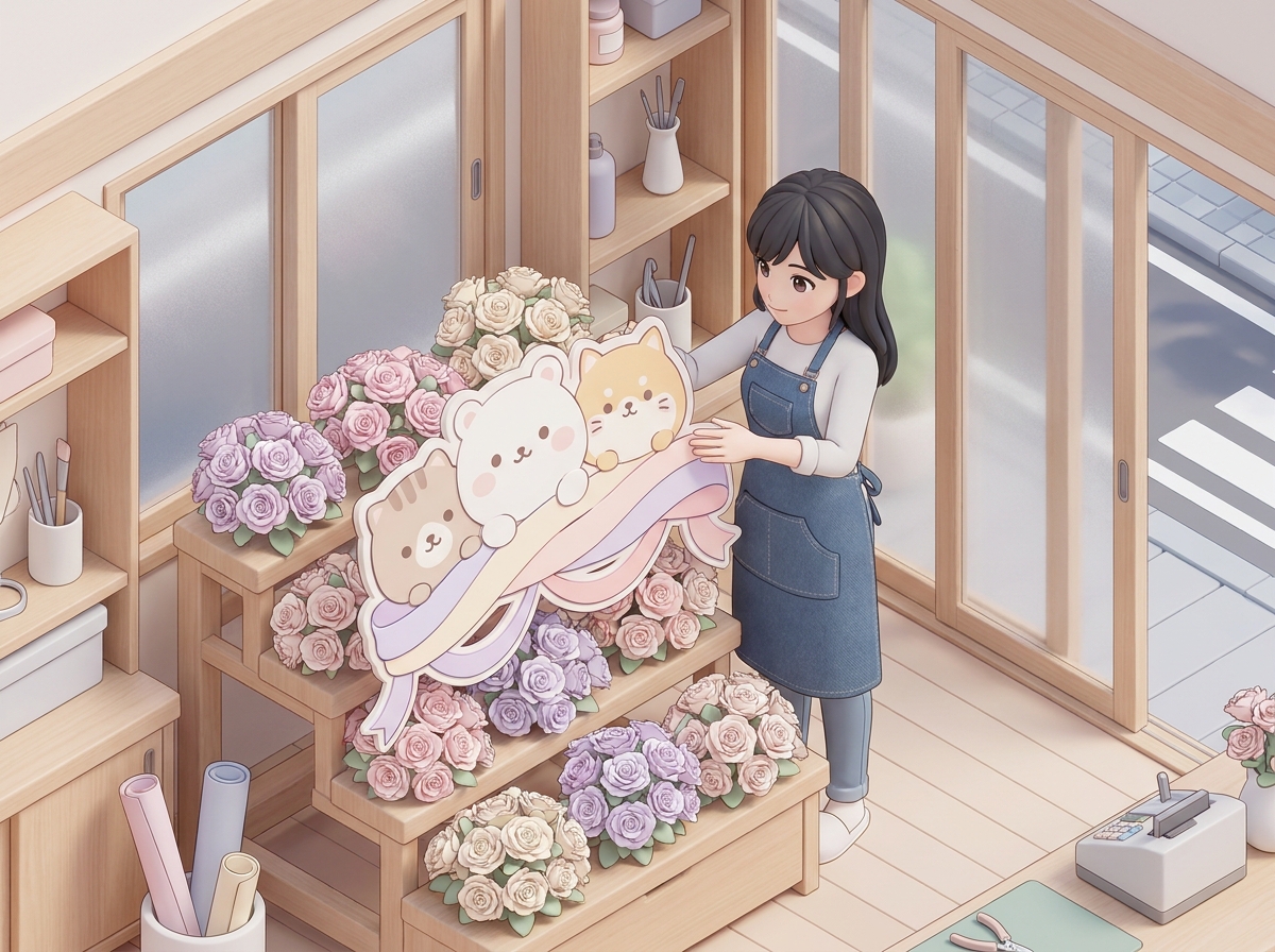 A professional florist carefully assembling a customized flower stand with large character panels, ribbons, and pastel-c