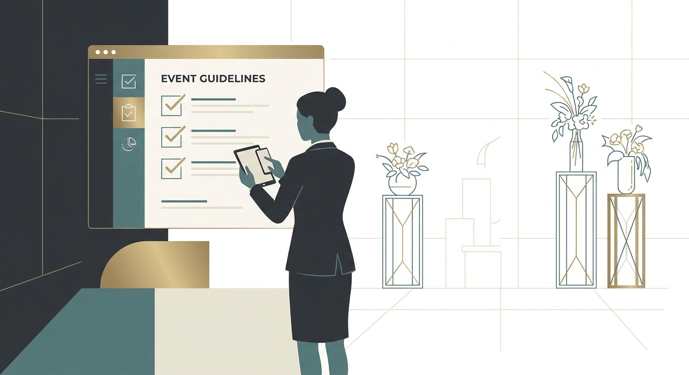 A person meticulously reviewing a checklist for sending a flower stand, with a smartphone in hand showing an event's gui
