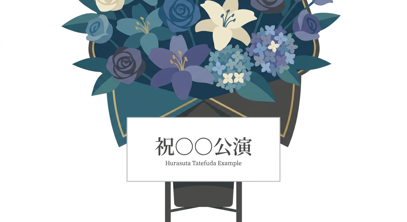 An example image of a flower stand (Hurasuta) message board (tatefuda or fuda) with common elements. The board should be