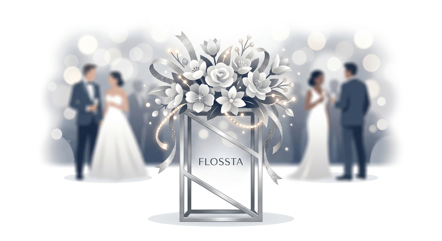 A stunning, elaborate silver flower stand (flossta) filled with beautiful white and silver flowers, glittering ribbons, 