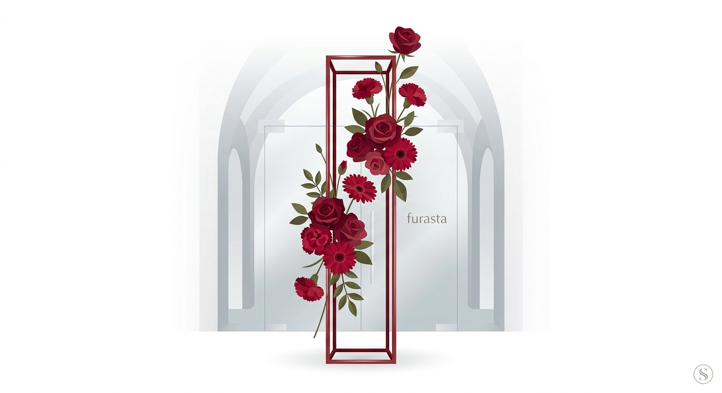 An elegant single-color flower stand (furasta) in a vibrant red, with various shades of red roses, carnations, and gerbe