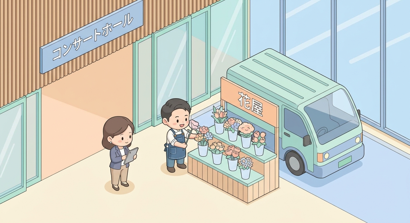 Professional florist delivering and setting up a flower stand at a concert hall in Tokyo