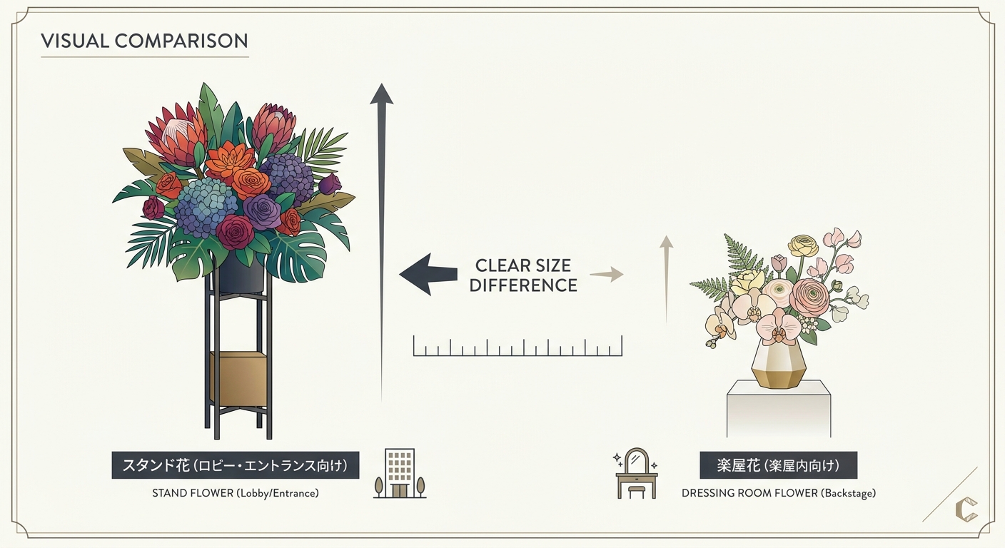 A visual comparison chart showing a large, tall stand flower next to a small, elegant dressing room flower arrangement. 