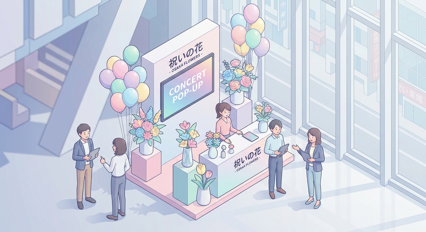A vibrant and colorful flower stand with balloons and a personalized panel, standing inside a modern concert venue in Os