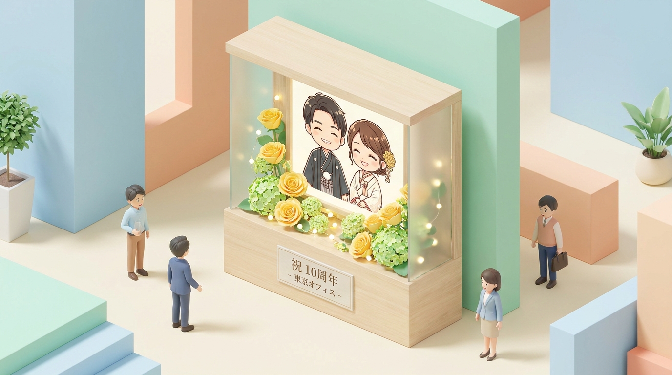A close-up of a sophisticated custom flower stand with a detailed anime-style character panel, surrounded by vibrant yel