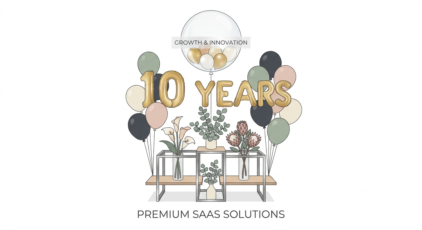 An artistic display of a flower stand integrating various types of balloons. Showcase foil balloons shaped as numbers an
