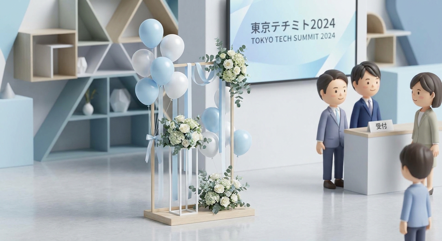 A close-up of a stunning custom flower stand (flasta) decorated with pastel blue and white balloons, delicate ribbons, a
