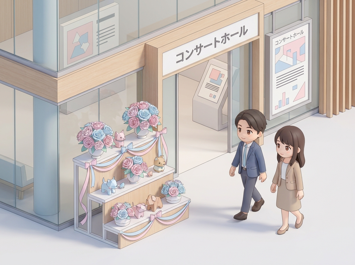 A beautiful custom-made flower stand with pink and blue roses, elegant ribbons, and cute decorations, standing at the en
