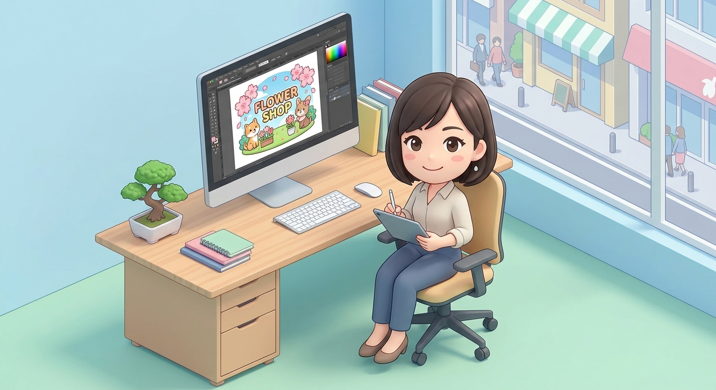 A computer screen displaying a graphic design software with a template for a flower stand nameplate panel, colorful anim