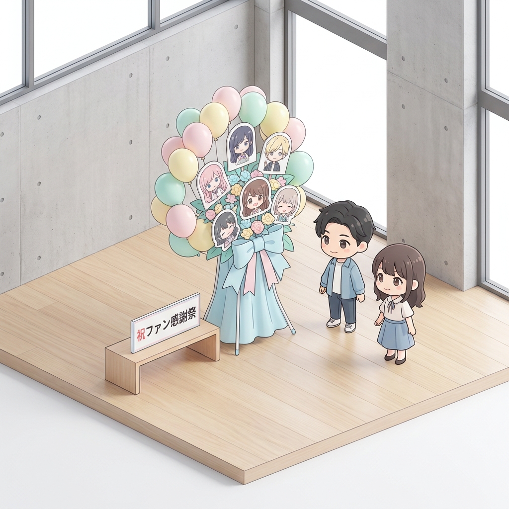 A stylish rental space decorated with a large pastel blue flower stand (flasta) with custom character panels and balloon