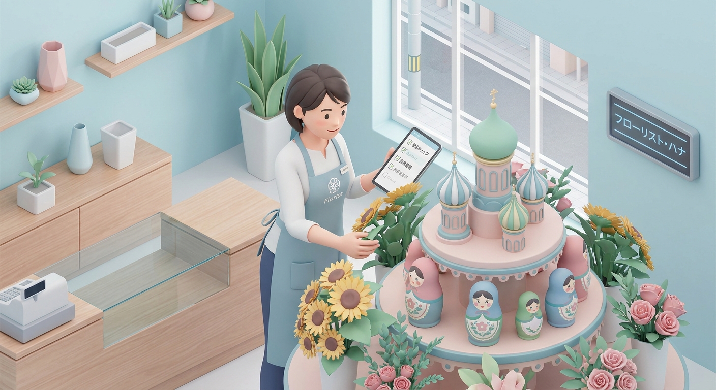 A professional florist carefully arranging a grand Russian-themed flower stand, ensuring all safety regulations and flow