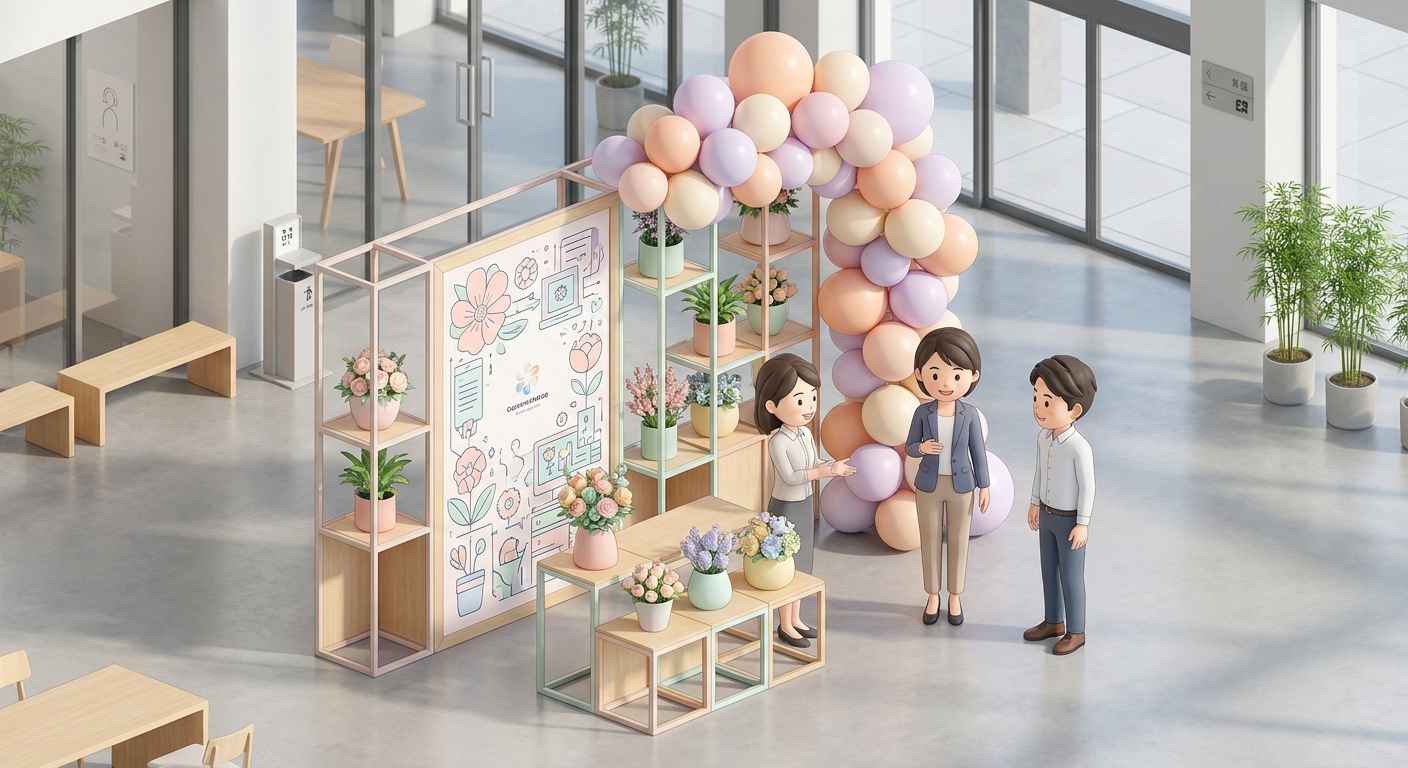 An oversized decorated flower stand with vibrant colorful balloons and a custom illustrated panel standing in a wide roo