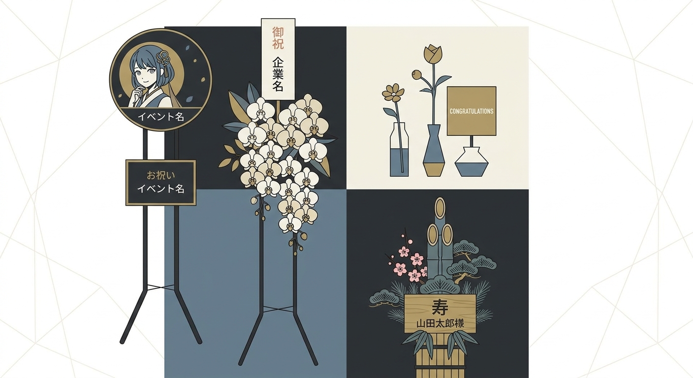A collage of diverse Japanese furasta flower stand designs, showcasing various styles like character-themed with custom 