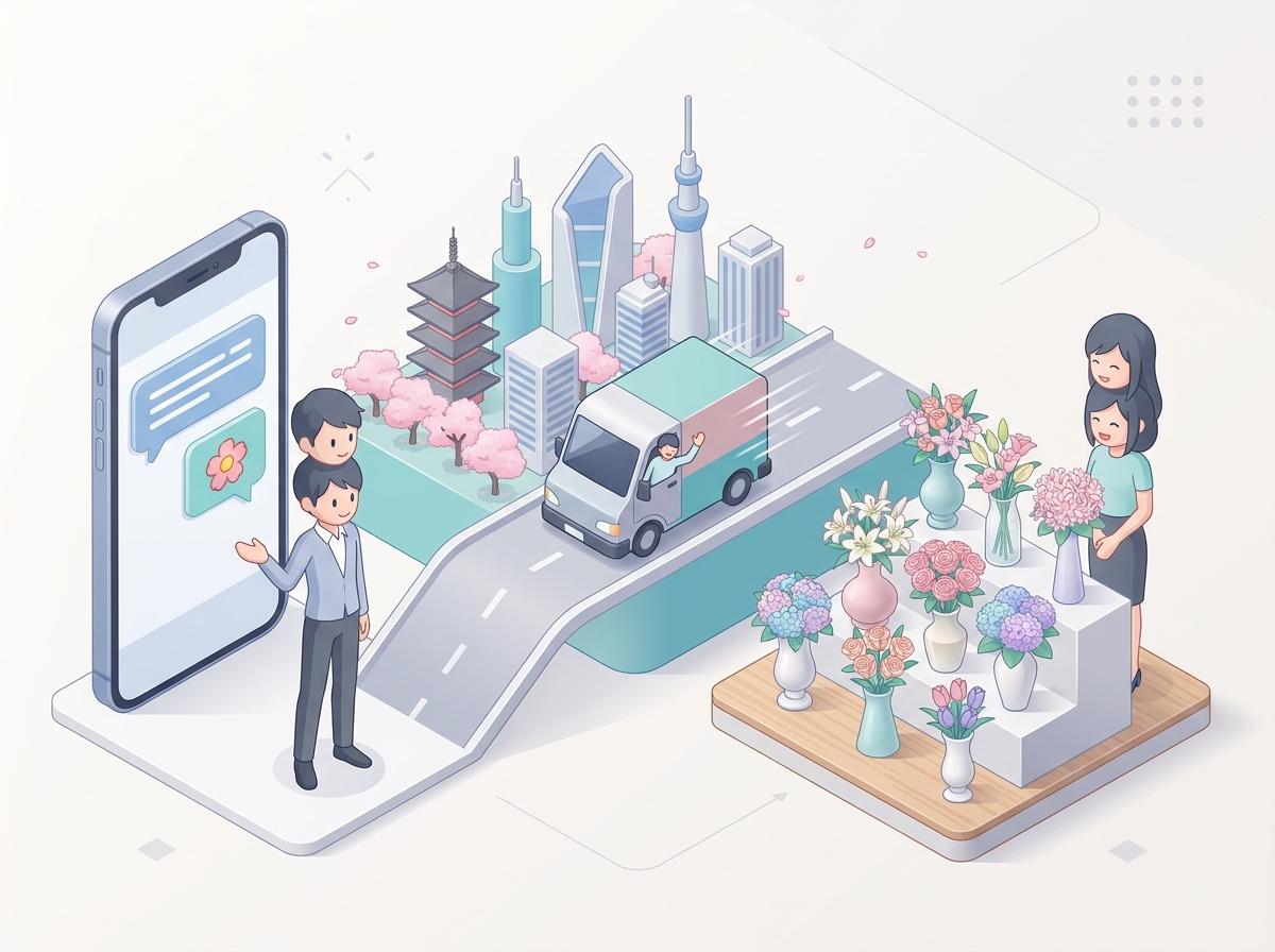 A scene showing a streamlined process of ordering a flower stand in a hurry. A smartphone with a chat screen, a delivery