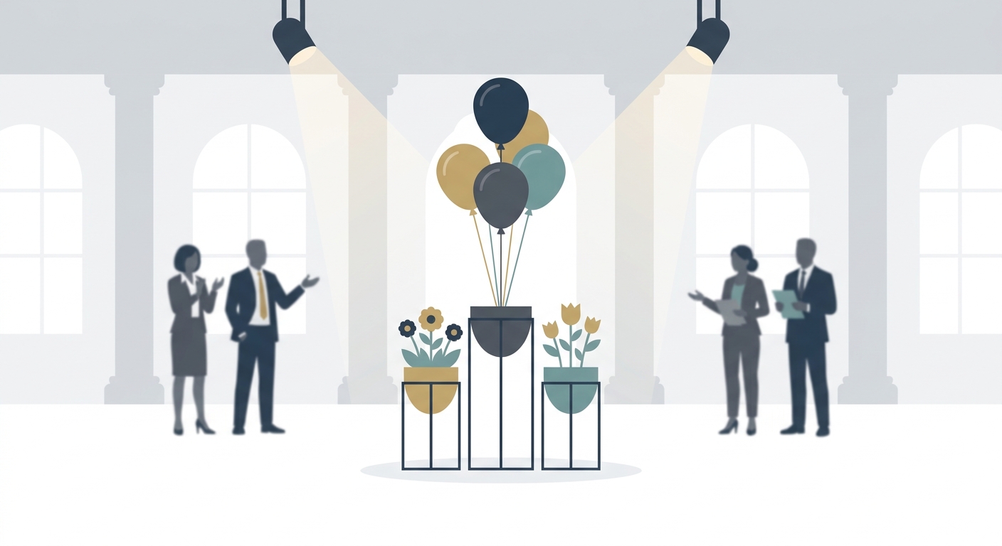 A beautiful balloon and flower stand (フラスタ) placed in a spacious event hall, with spotlights enhancing its appearance. P