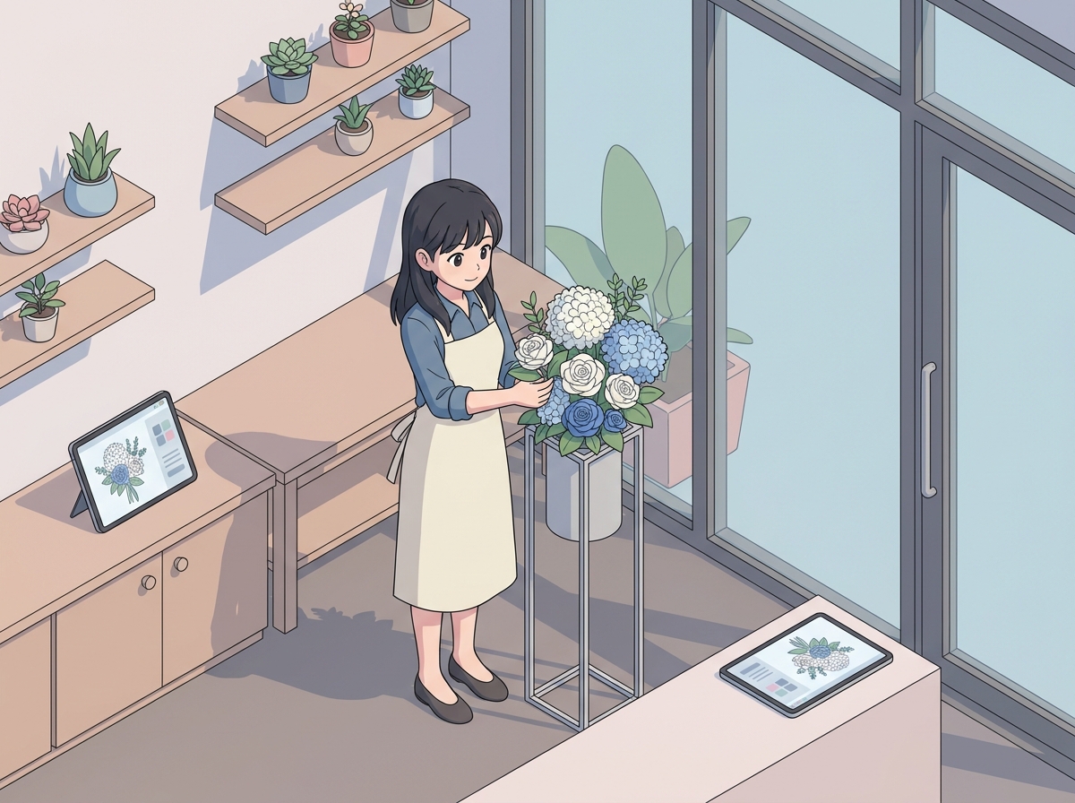 A florist carefully arranging fresh blue and white flowers on a tall metal stand, inserting beautiful roses and hydrange