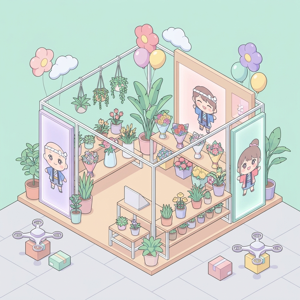 A vibrant flower stand with anime character panels at a Tokyo event venue, filled with colorful flowers and balloons, re