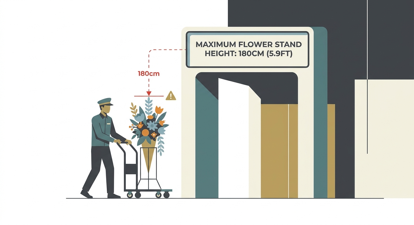 A flower stand being delivered to an event venue entrance, with a clear sign indicating Maximum Flower Stand Height: 180
