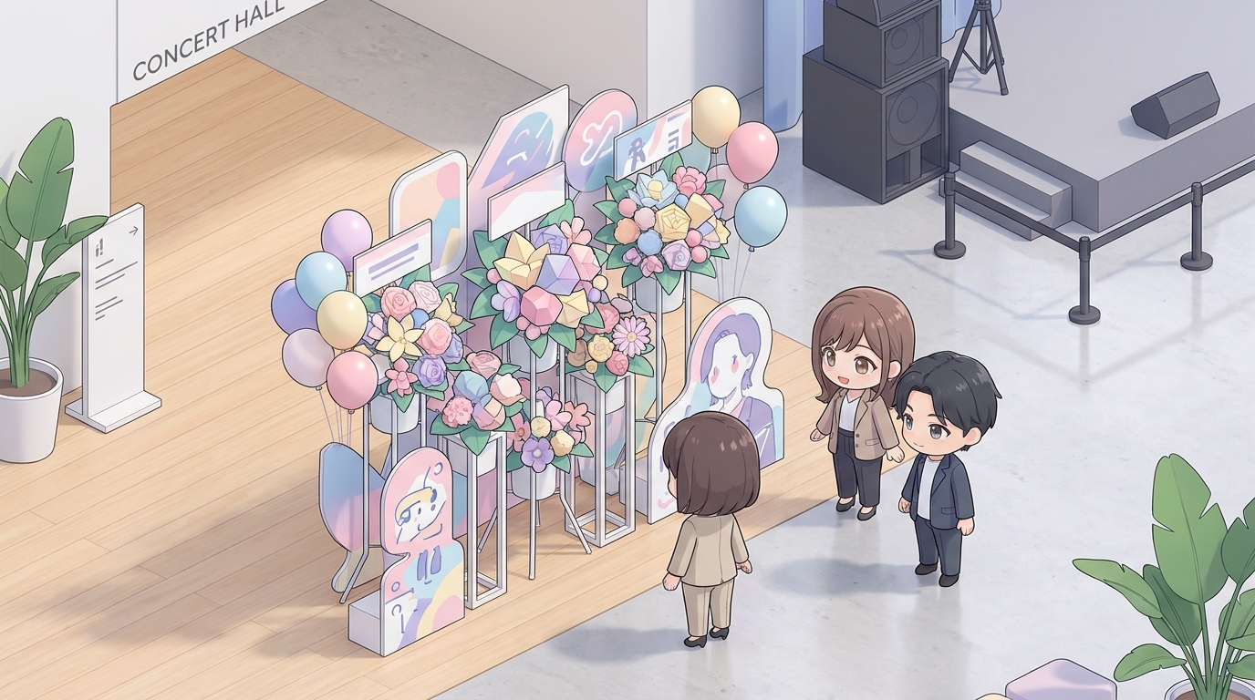 A colorful and beautiful flower stand (flasta) displayed at a concert venue in Tokyo, decorated with balloons and custom