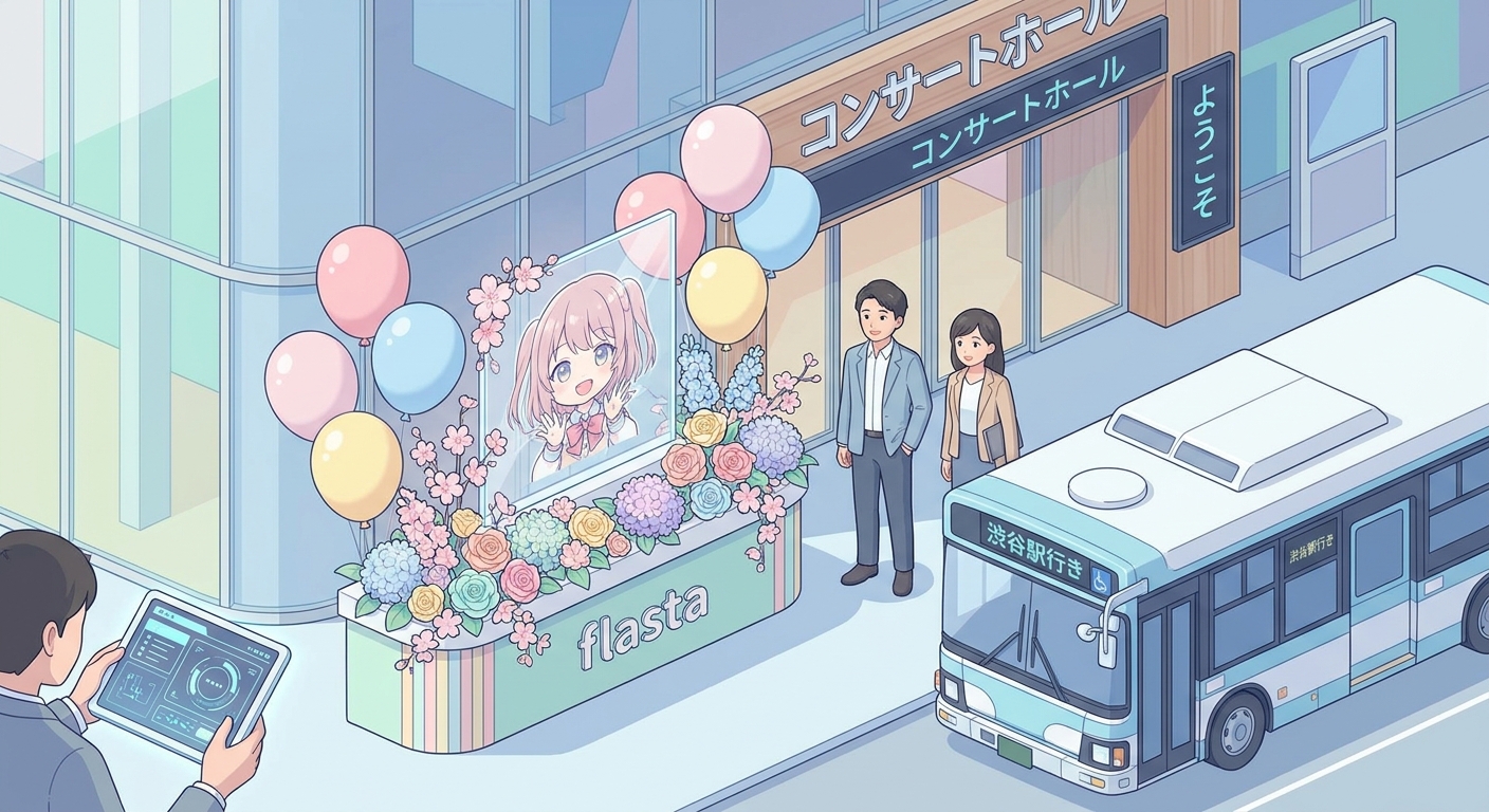 A colorful and beautiful flower stand (flasta) decorated with pastel balloons, fresh flowers, and an anime character ill