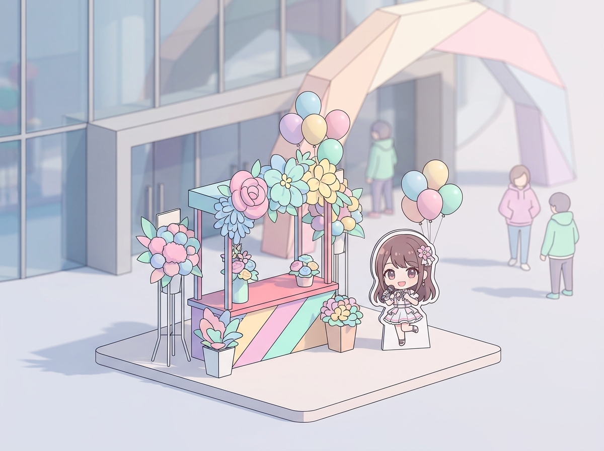 A vibrant flower stand for an idol, with balloons and a character panel, set against a blurred background of a Tokyo con