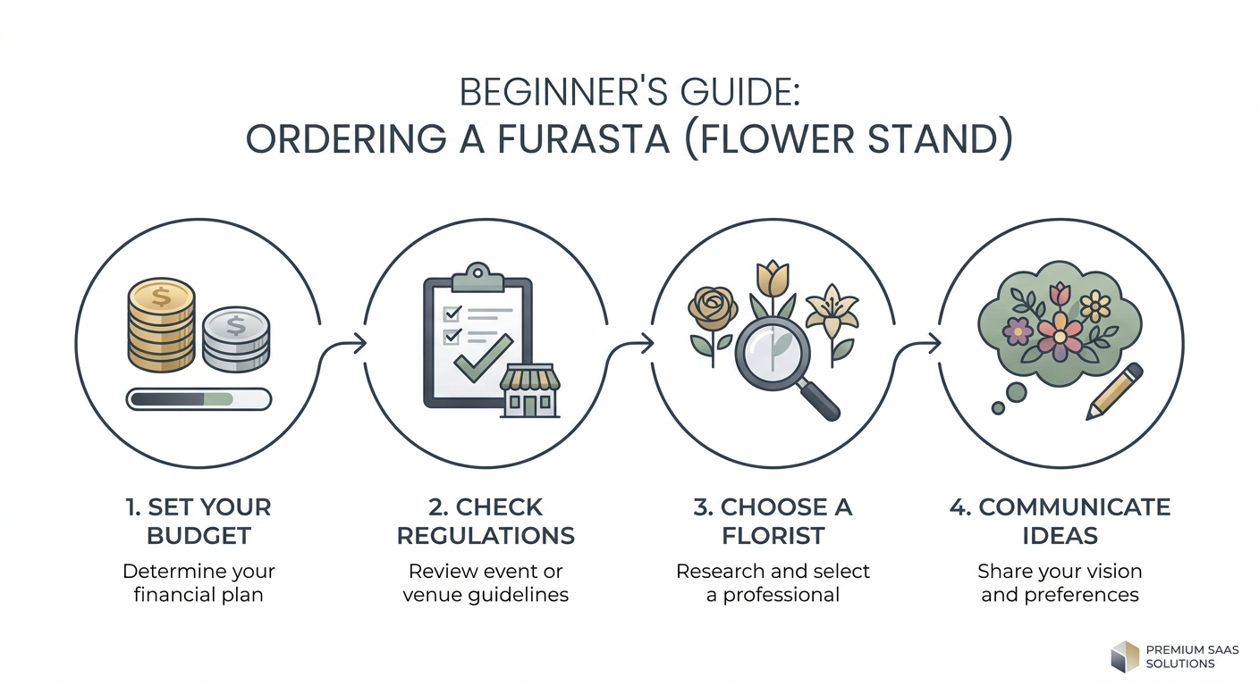 A step-by-step infographic for beginners on how to order a furasta (flower stand), illustrating setting a budget with co