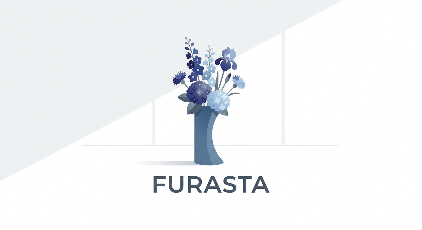 A sophisticated single-color flower stand (furasta) in a calming blue, featuring a mix of different blue flower species 