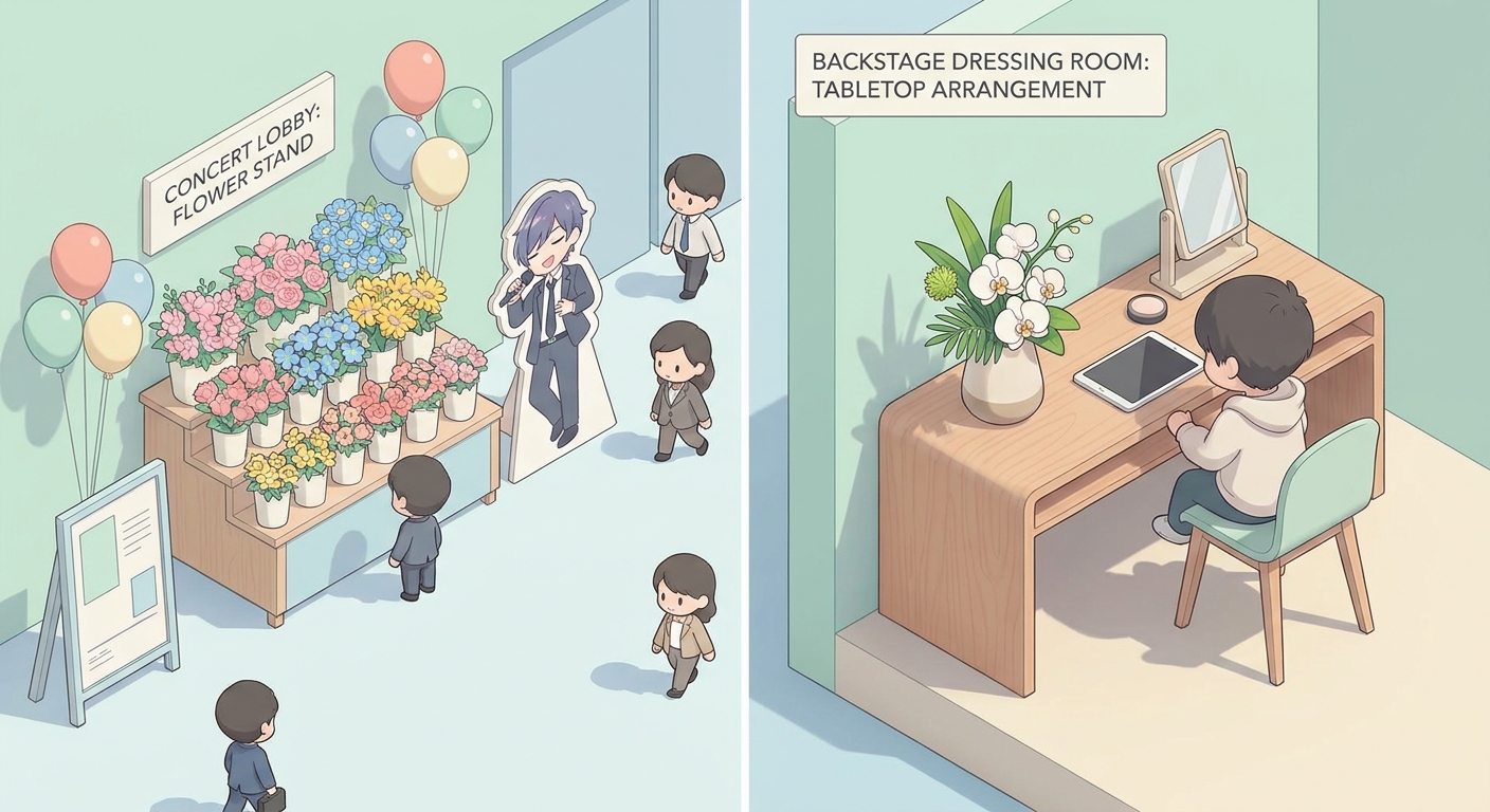 A side-by-side comparison illustration of two types of celebration flowers in a concert venue: on the left, a large, vib