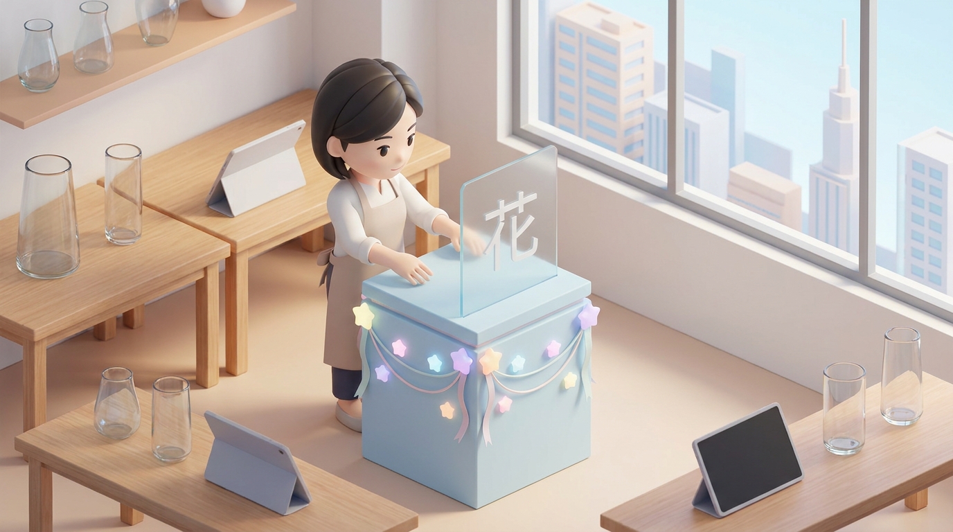A florist carefully arranging a custom light blue flower stand with stars, ribbons, and a personalized acrylic board in