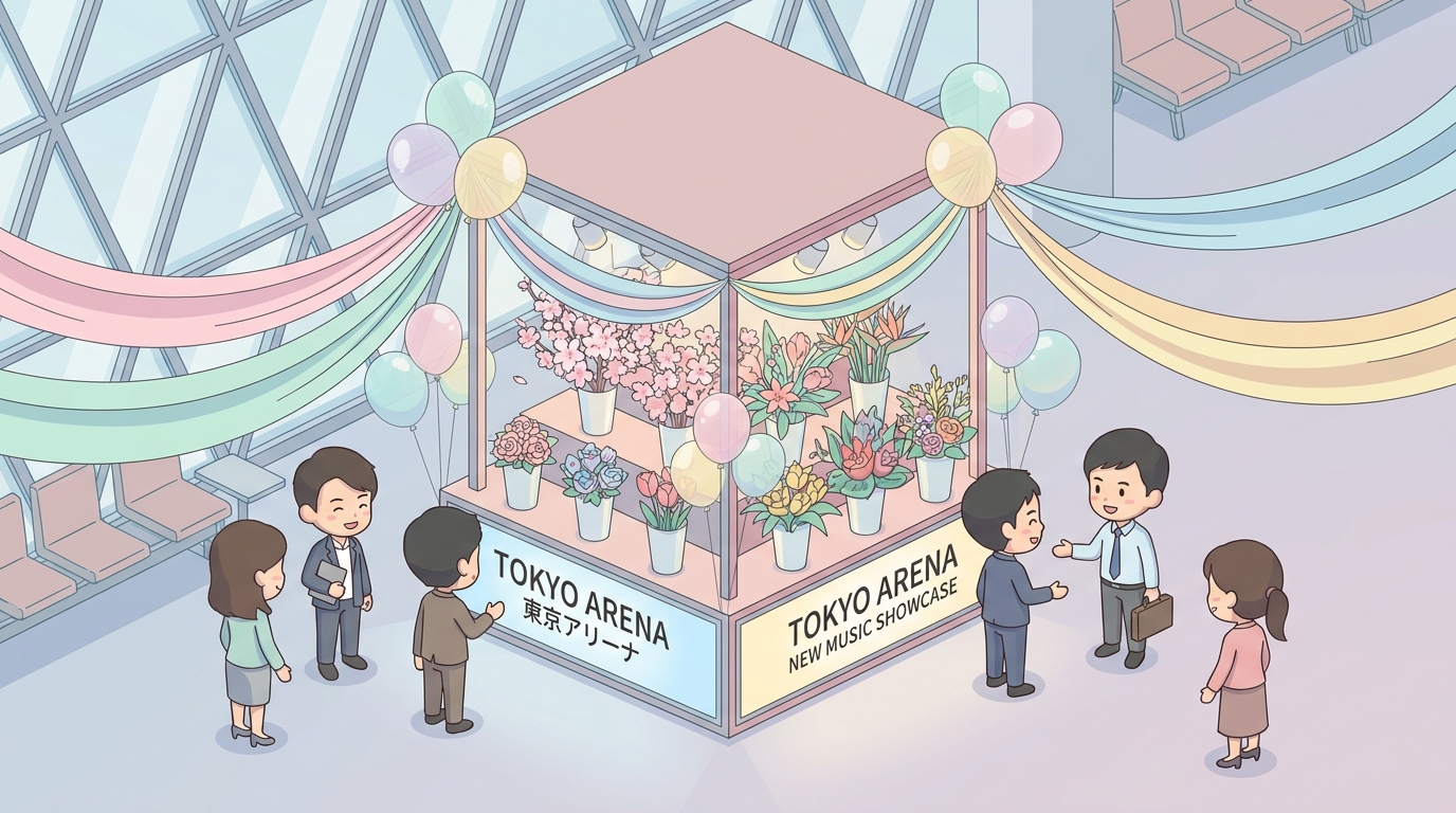 A magnificent flower stand displayed in the modern lobby of a large music arena, decorated with vibrant pastel balloons,
