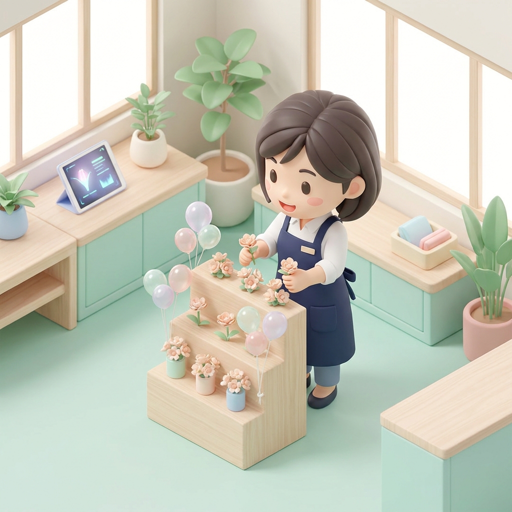 A florist carefully arranging a table-top flower stand with pastel-colored balloons and delicate flowers in a bright wor