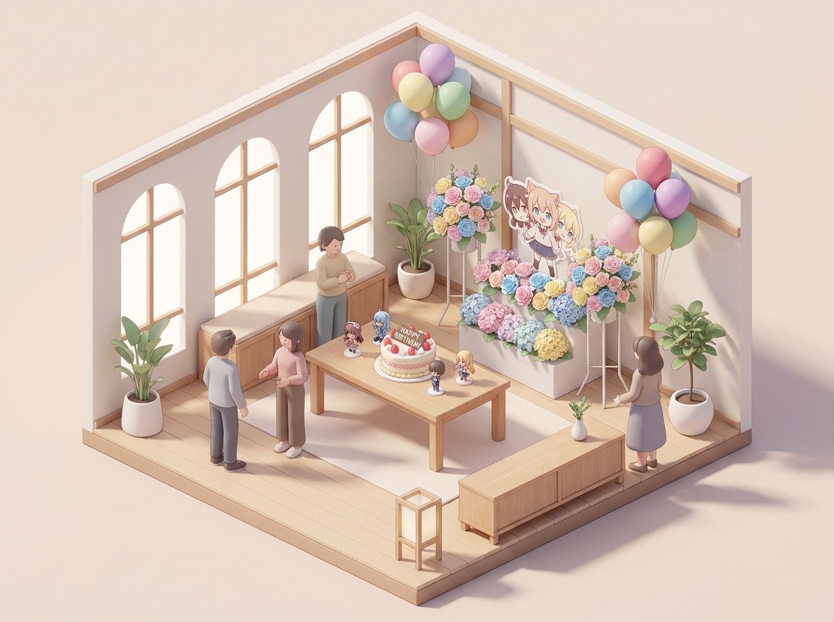 An elegant rental space decorated for an anime character's birthday party, with colorful balloons, pastel-colored flower