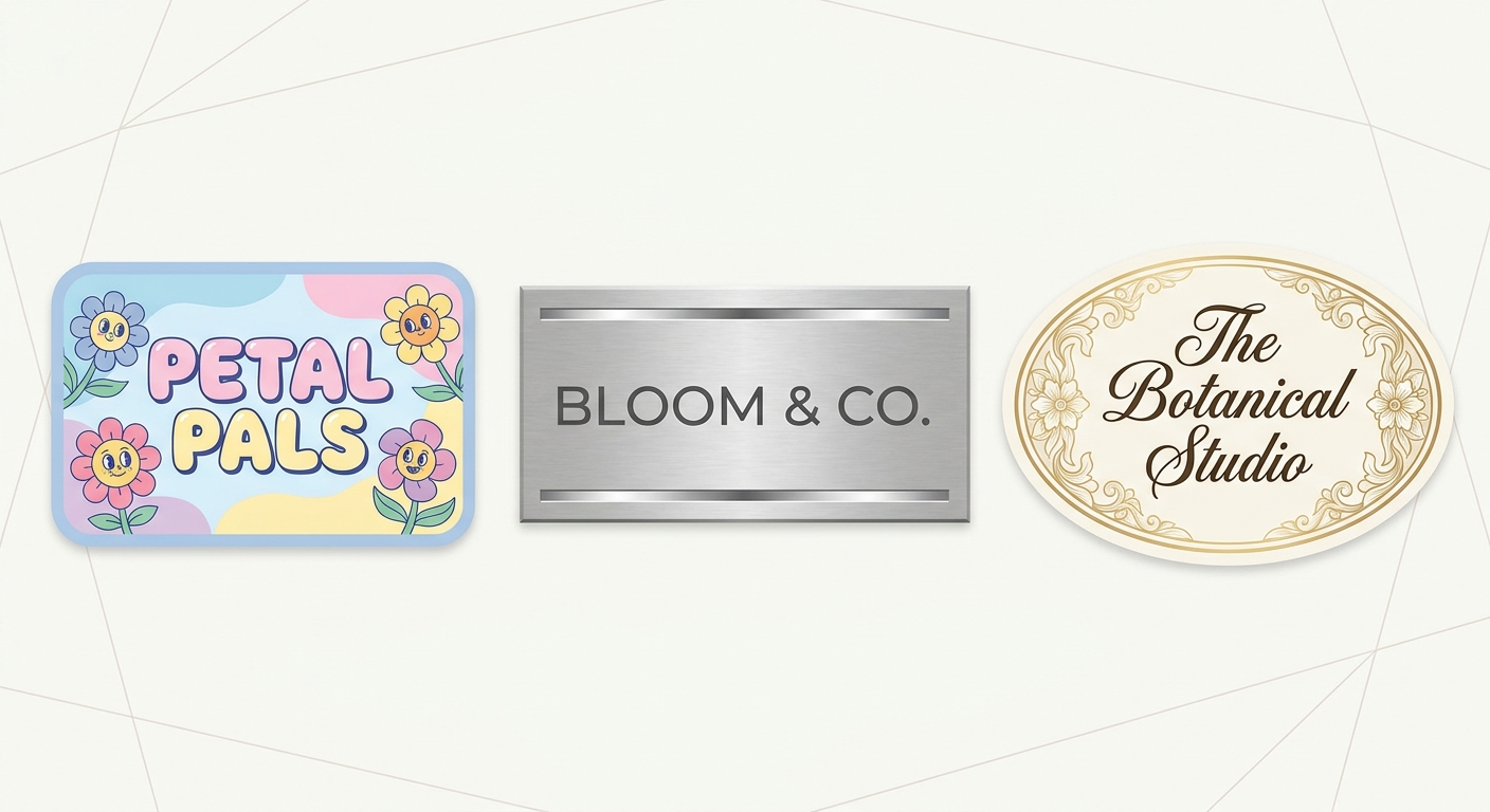 A collage of diverse name tag designs for flower stands. One is a cute design with pastel colors and cartoon characters,
