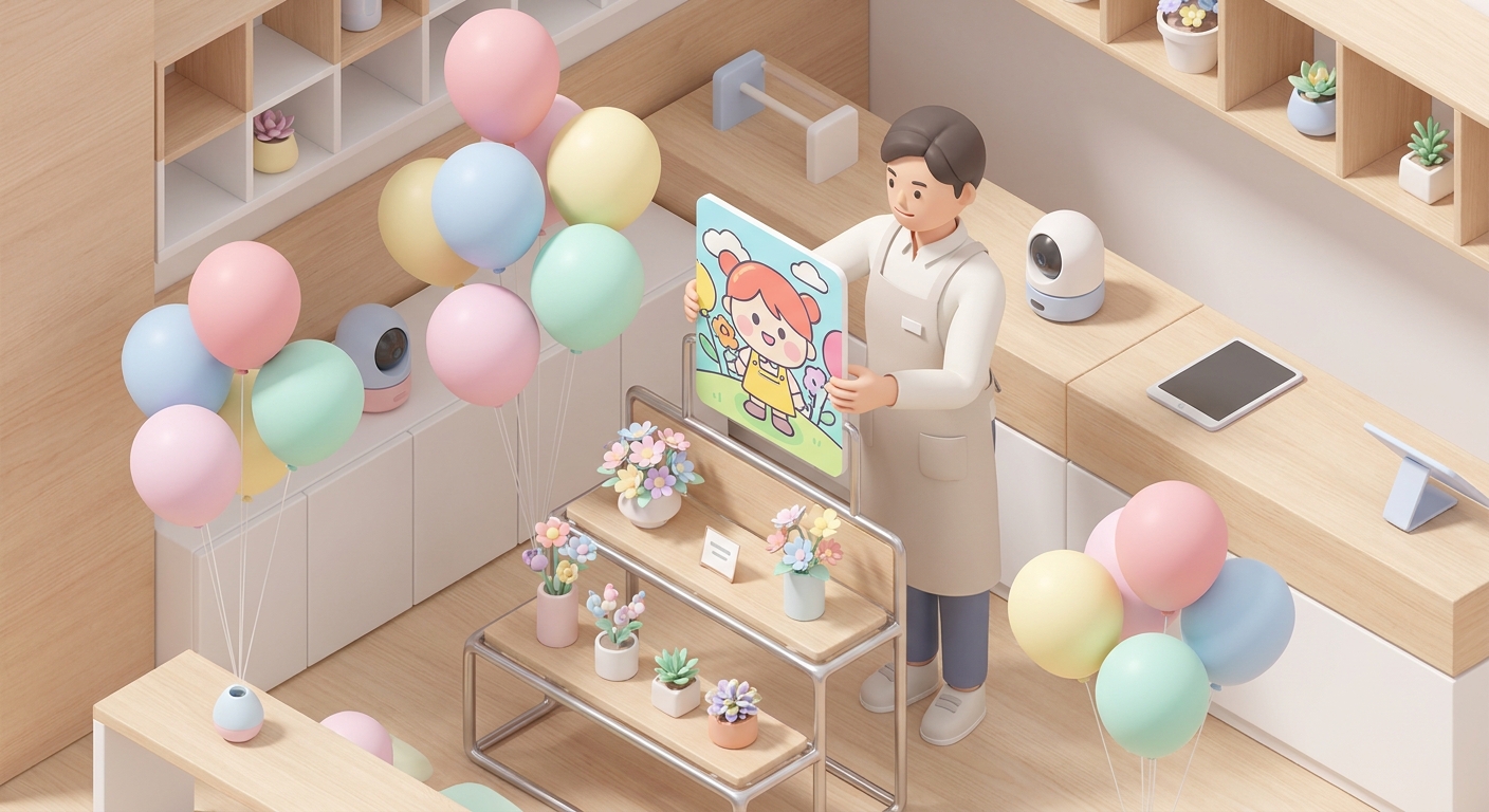 A close-up of a florist carefully assembling a colorful character panel onto a beautiful flower stand, surrounded by pas