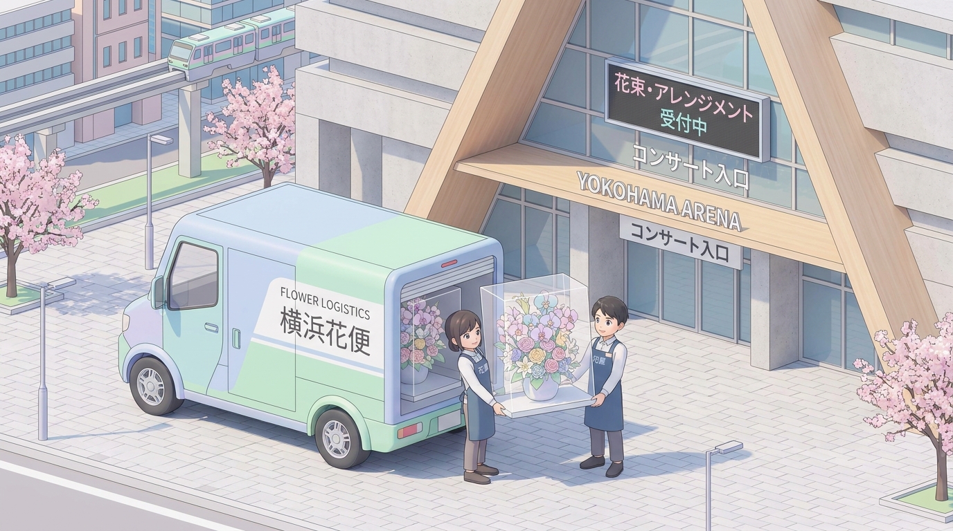 Delivery truck parked near a large concert venue entrance in Yokohama, with flower stand specialists carefully unloading