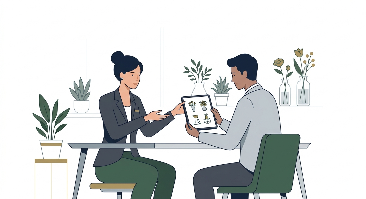 A florist is consulting with a customer about a custom flower stand design, showing various flower samples and design op
