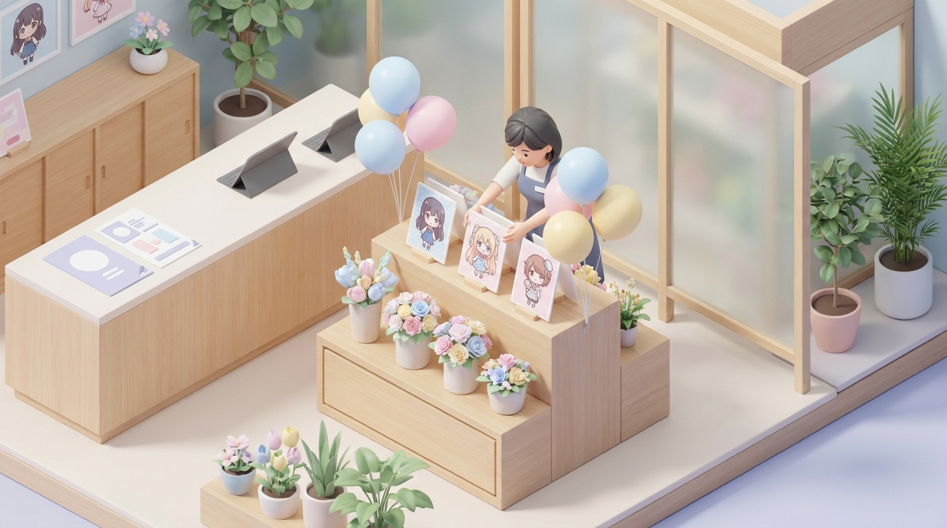 A close-up of custom-made character panels and colorful balloons being carefully assembled onto a flower stand by a flor