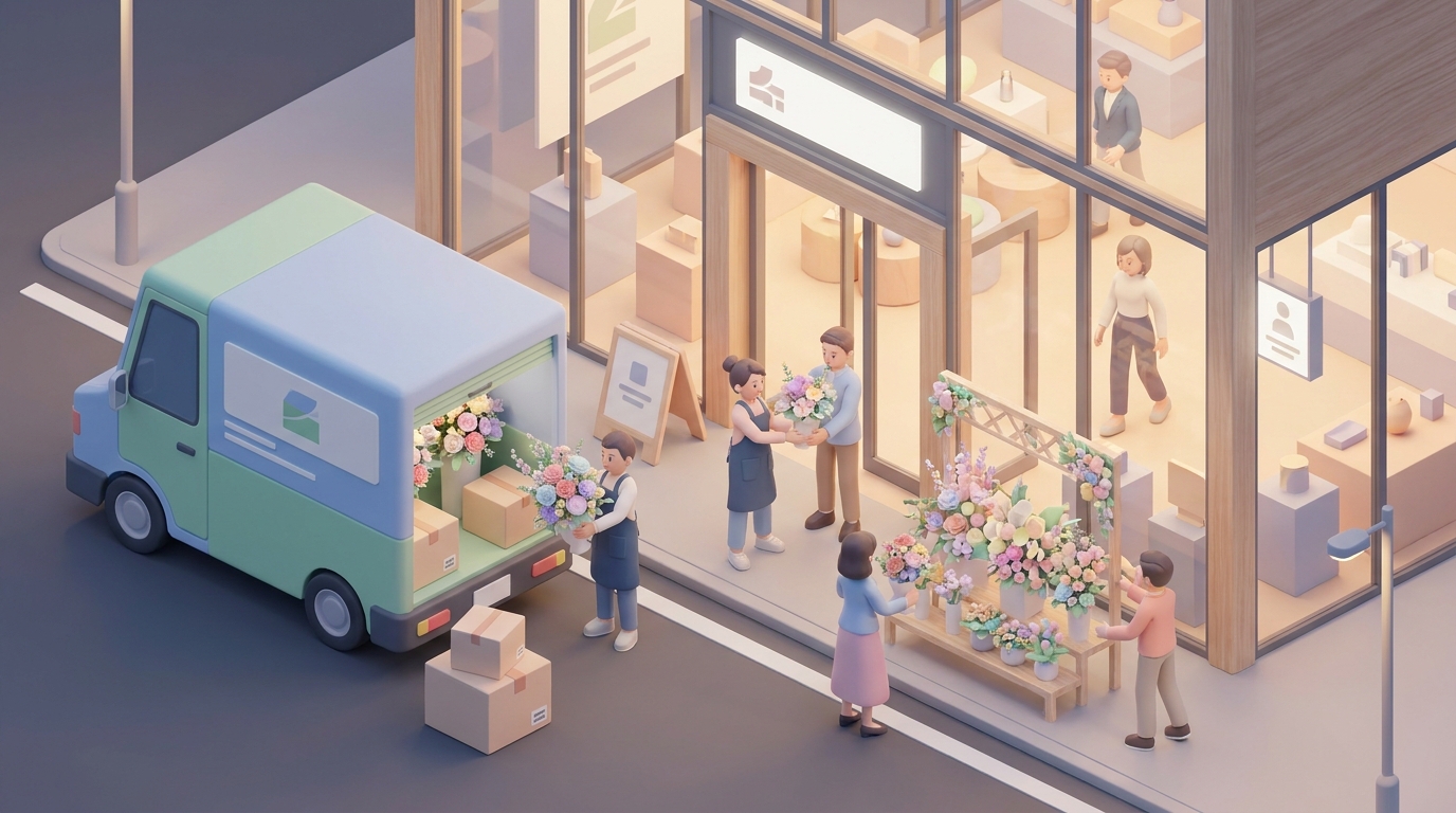 A delivery van parked outside an event venue in Tokyo at dusk, with florists unloading a beautiful flower stand, realist