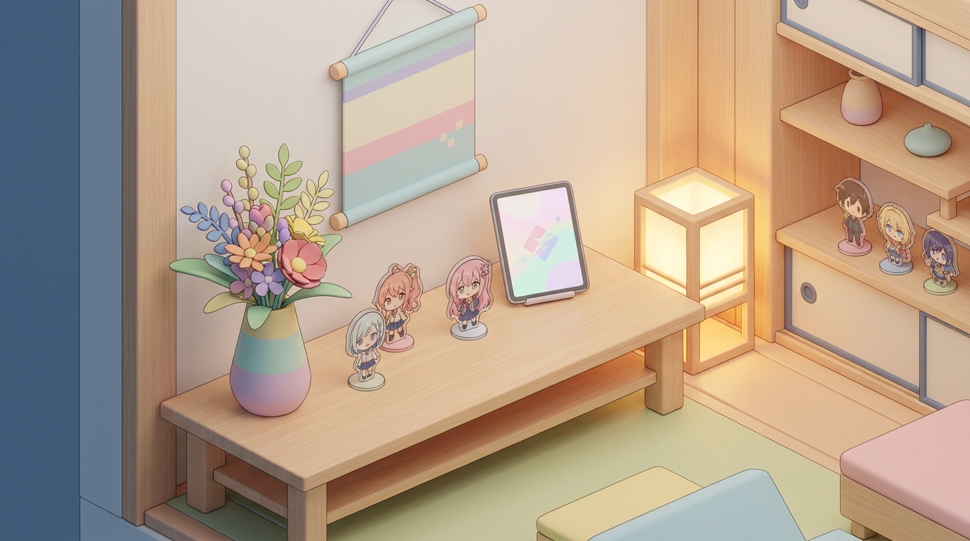 A stylish rental room decorated with a colorful flower stand and anime character acrylic stands for an absentee birthday