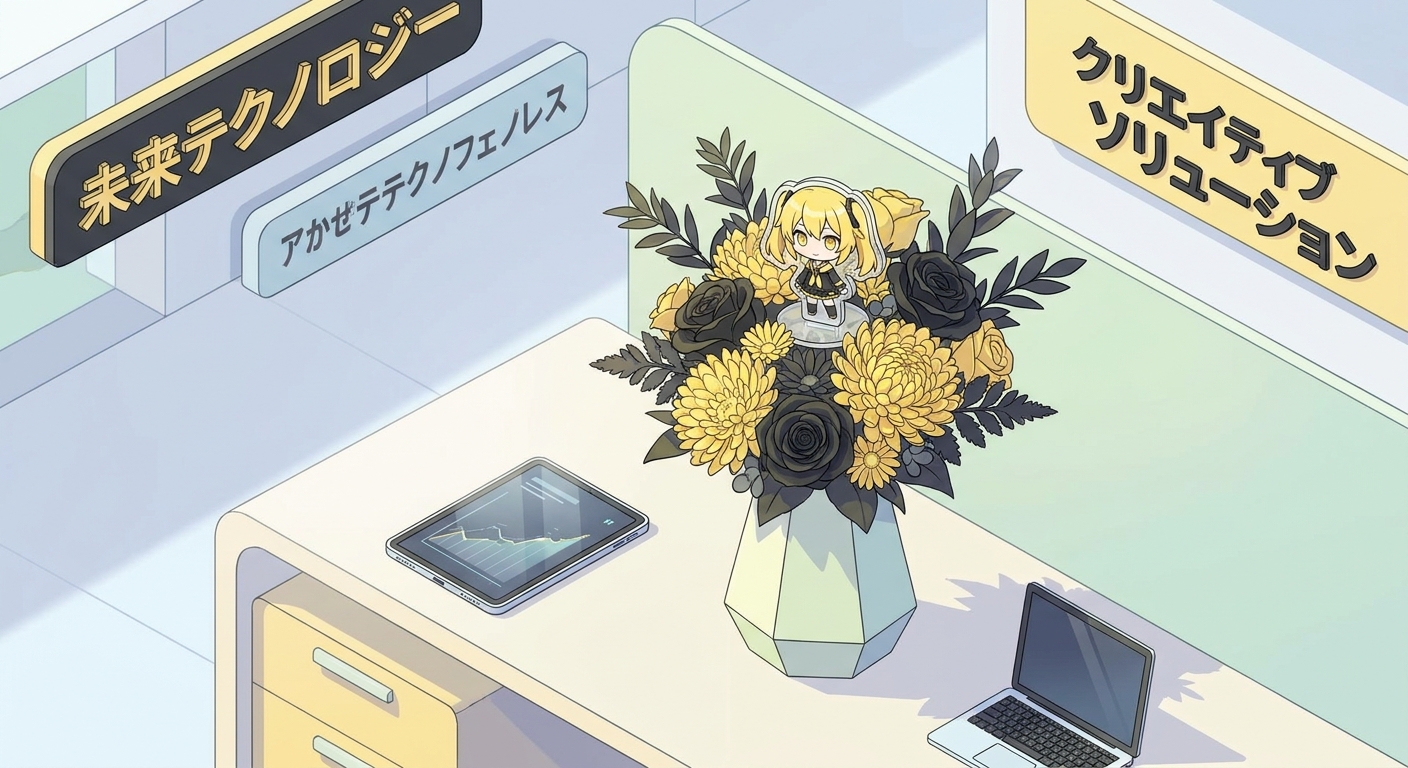 A creative flower arrangement styled after an anime character, using yellow and black flowers to match the character's t