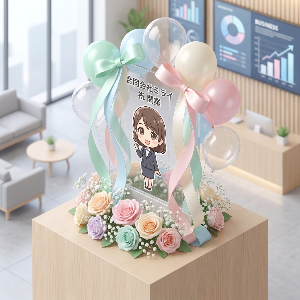 A close-up of a high-quality custom flasta showing detailed pastel ribbons, balloons, and a beautifully printed acrylic