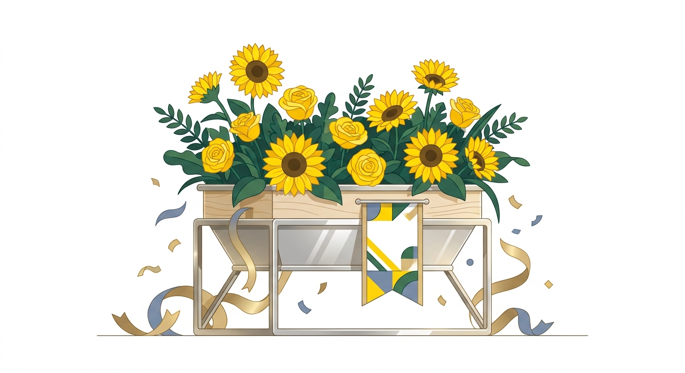 A vibrant, large flower stand (furasta) predominantly featuring bright yellow flowers like sunflowers and roses, with so