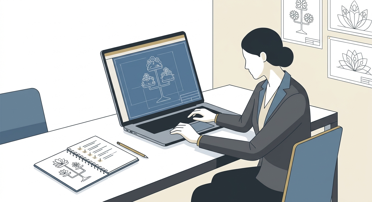A person meticulously planning a custom stand flower (furustasu) on a laptop, with design sketches and a list of florist