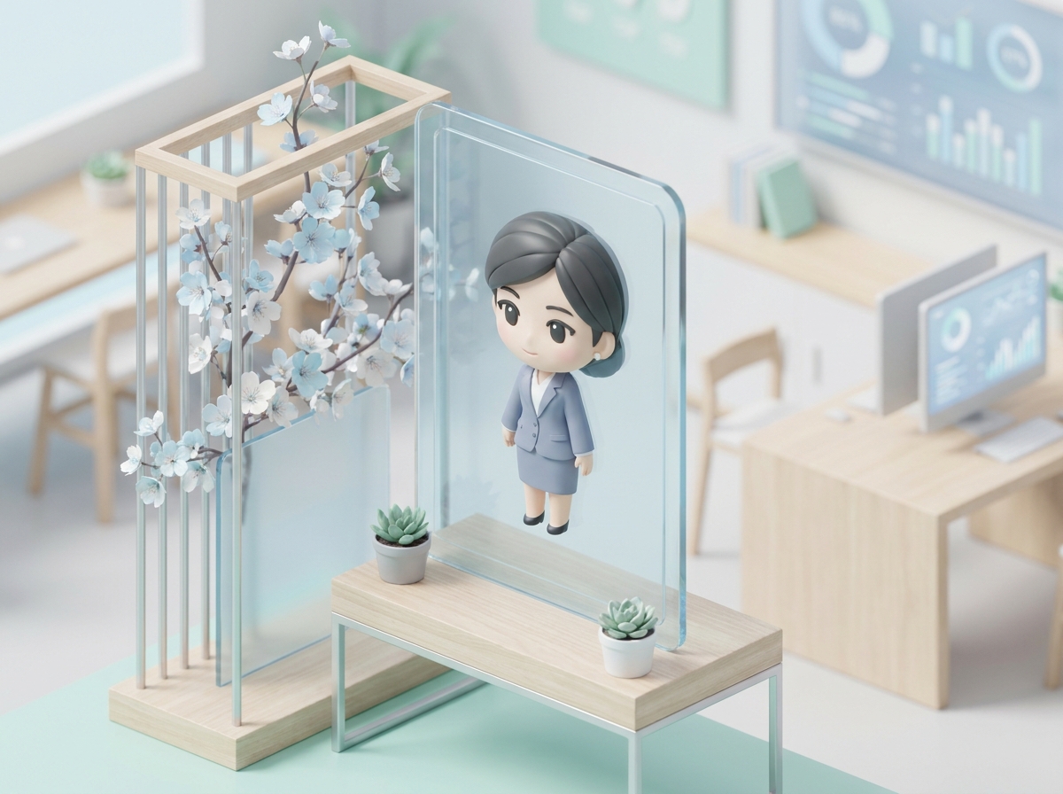 A close-up of a beautifully designed acrylic character panel surrounded by delicate light blue and white flowers on a cu