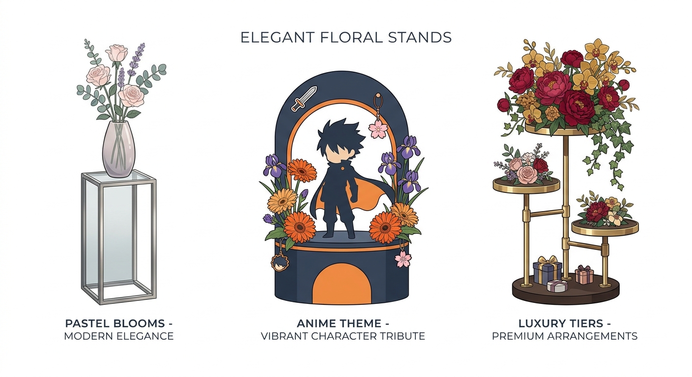 Three different examples of elegant and eye-catching floral stands. One features a sleek, modern design with pastel flow