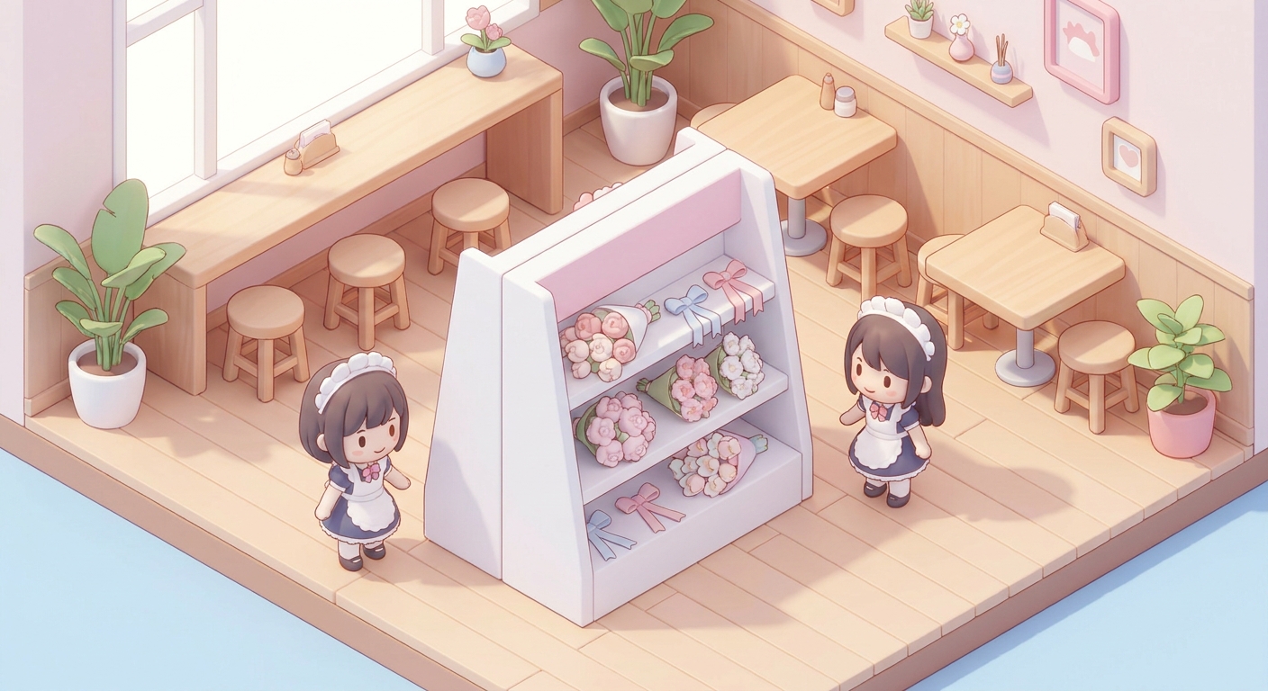 A beautiful pastel pink and white flower stand with ribbon decorations, standing inside a cozy and cute maid cafe, soft 